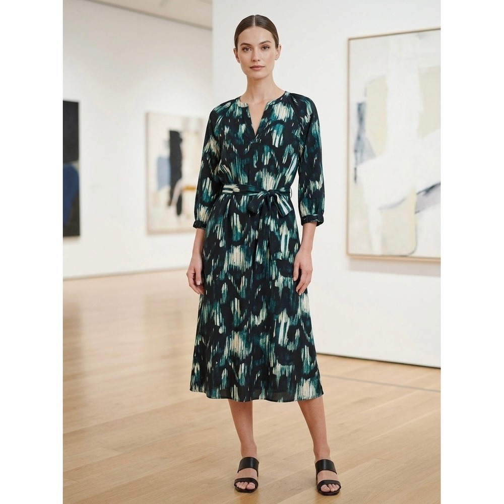 Mossimo Abstract Print Midi Dress Teal Black 3/4 Sleeve Belted Split V-Neck S